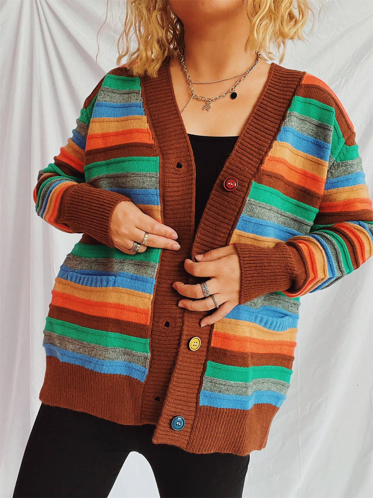 Damen Strickjacke Bunt Streifenmuster Locker Eveloria