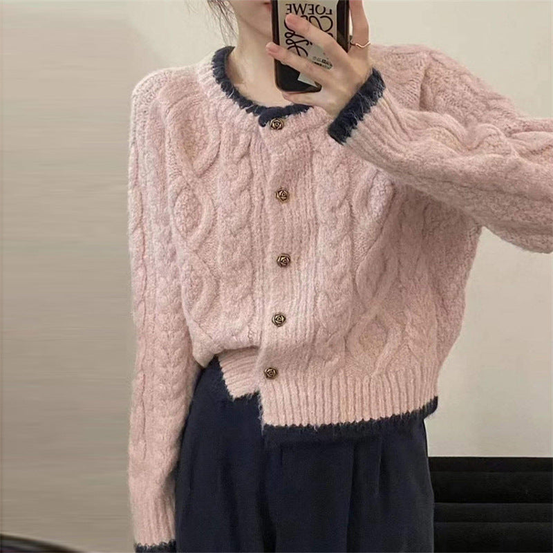 Damen Grobstrickcardigan Zopfmuster Elegante Knöpfe Beige