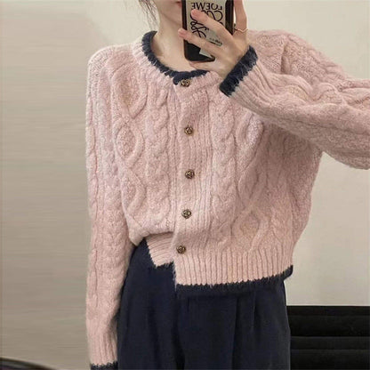 Damen Grobstrickjacke Zopfmuster Dekorative Knöpfe