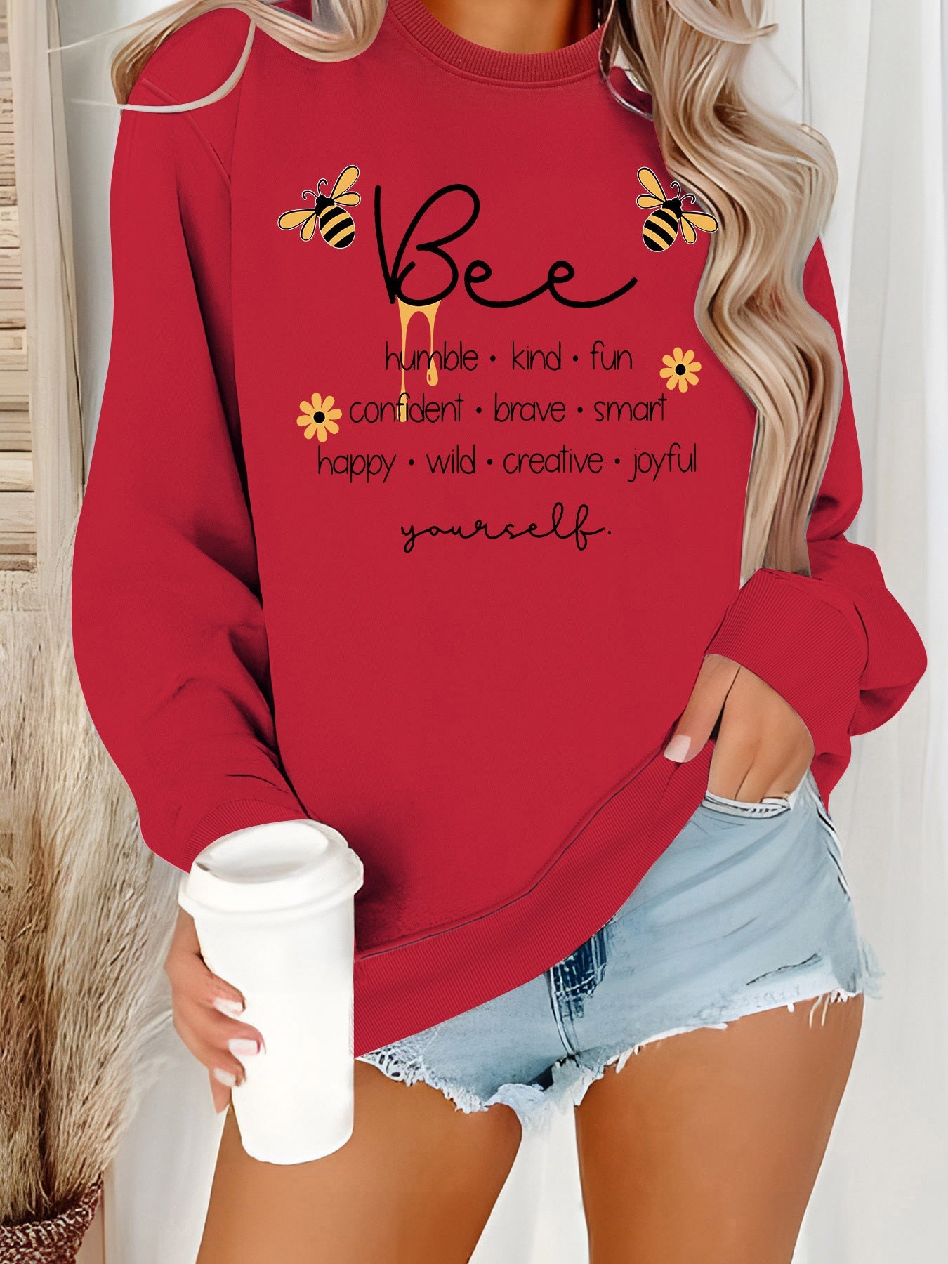 Damen Sweatshirt Bienenmotiv Positives Design Grau