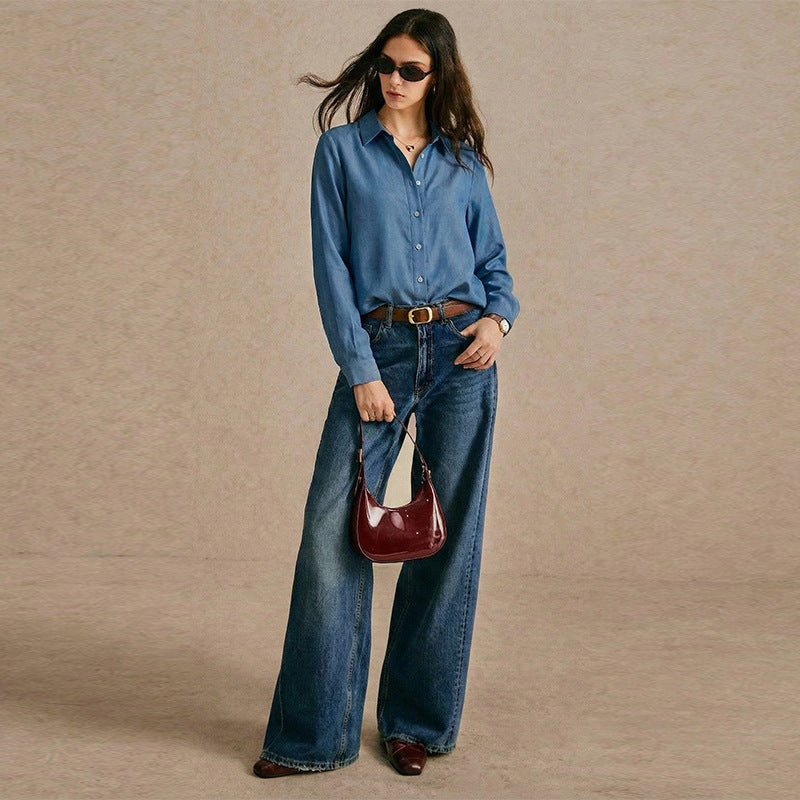 Damen Denim Bluse Knopfleiste Modischer Schnitt Blau Eveloria