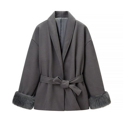 Damen Modische Jacke Weichgefütterter Kragen Bindegürtel
