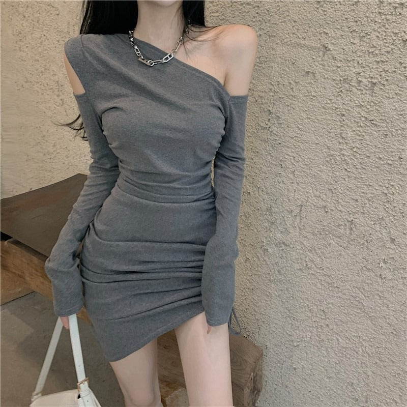 Damen Minikleid Asymmetrischer Ausschnitt Figurbetonter Raffungseffekt