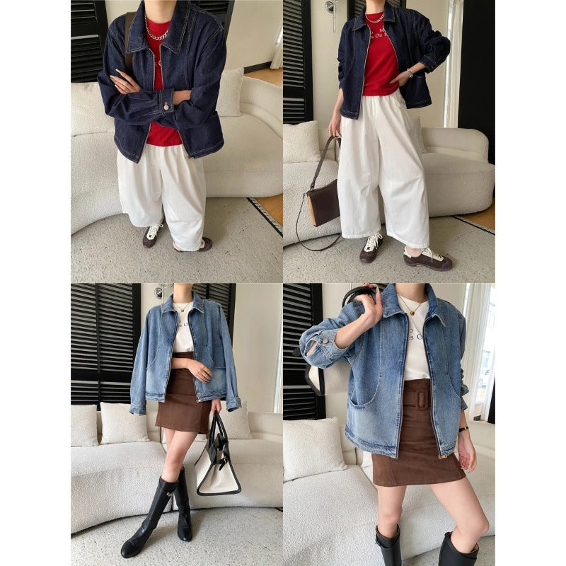 Damen Oversized Denimjacke mit Taschen Blau Eveloria