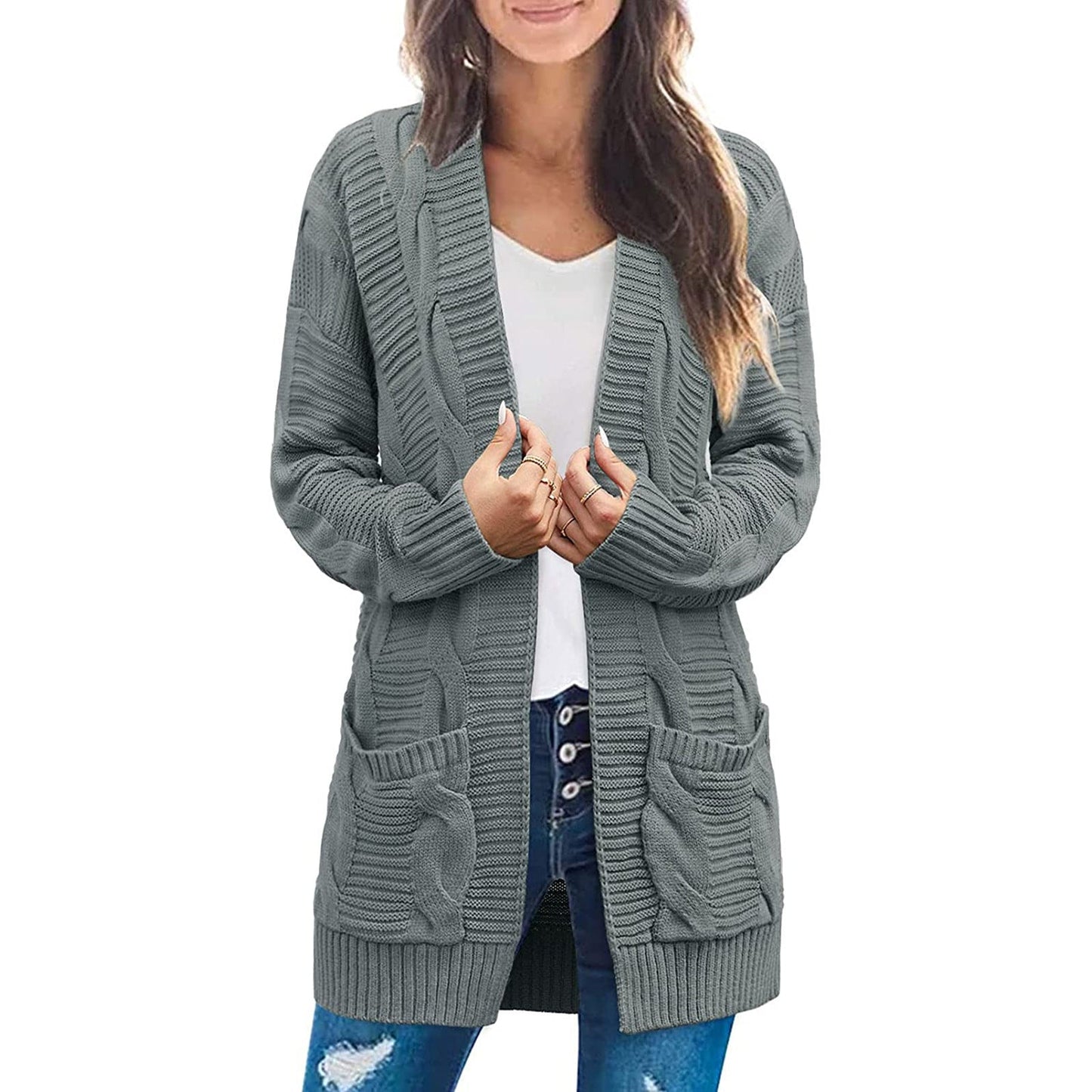 Damen Grobstrick Cardigan mit Taschen Strukturierter Look Beige