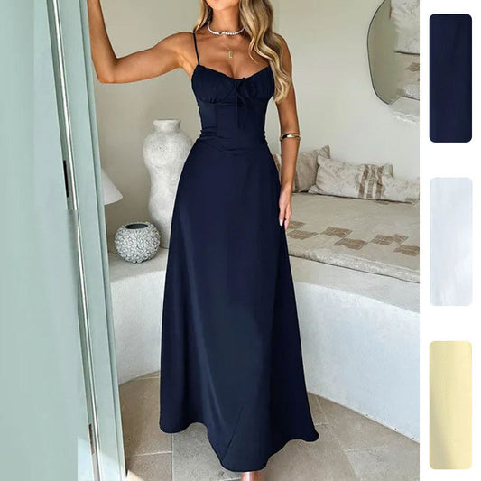 Damen Maxikleid mit Spaghettiträgern Elegantes Raffdesign Schwarz - Eveloria