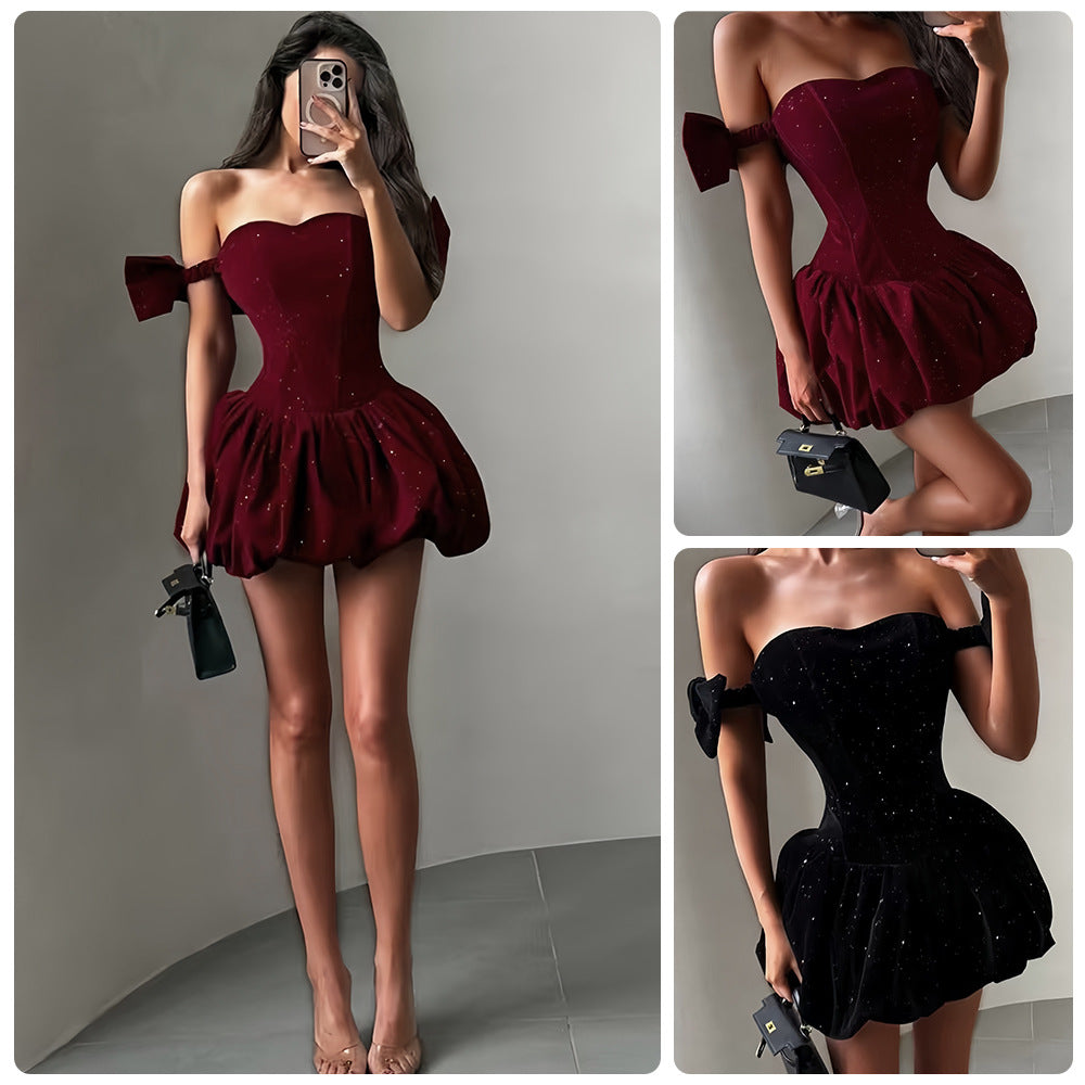 Damen Cocktailkleid Schulterfrei Glitzernd Eveloria - Eveloria