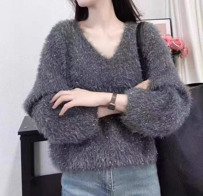 Damen Pullover V-Ausschnitt Flausch langarm Glitzer Eveloria