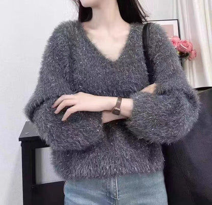 Damen Pullover V-Ausschnitt Flausch langarm Glitzer Eveloria