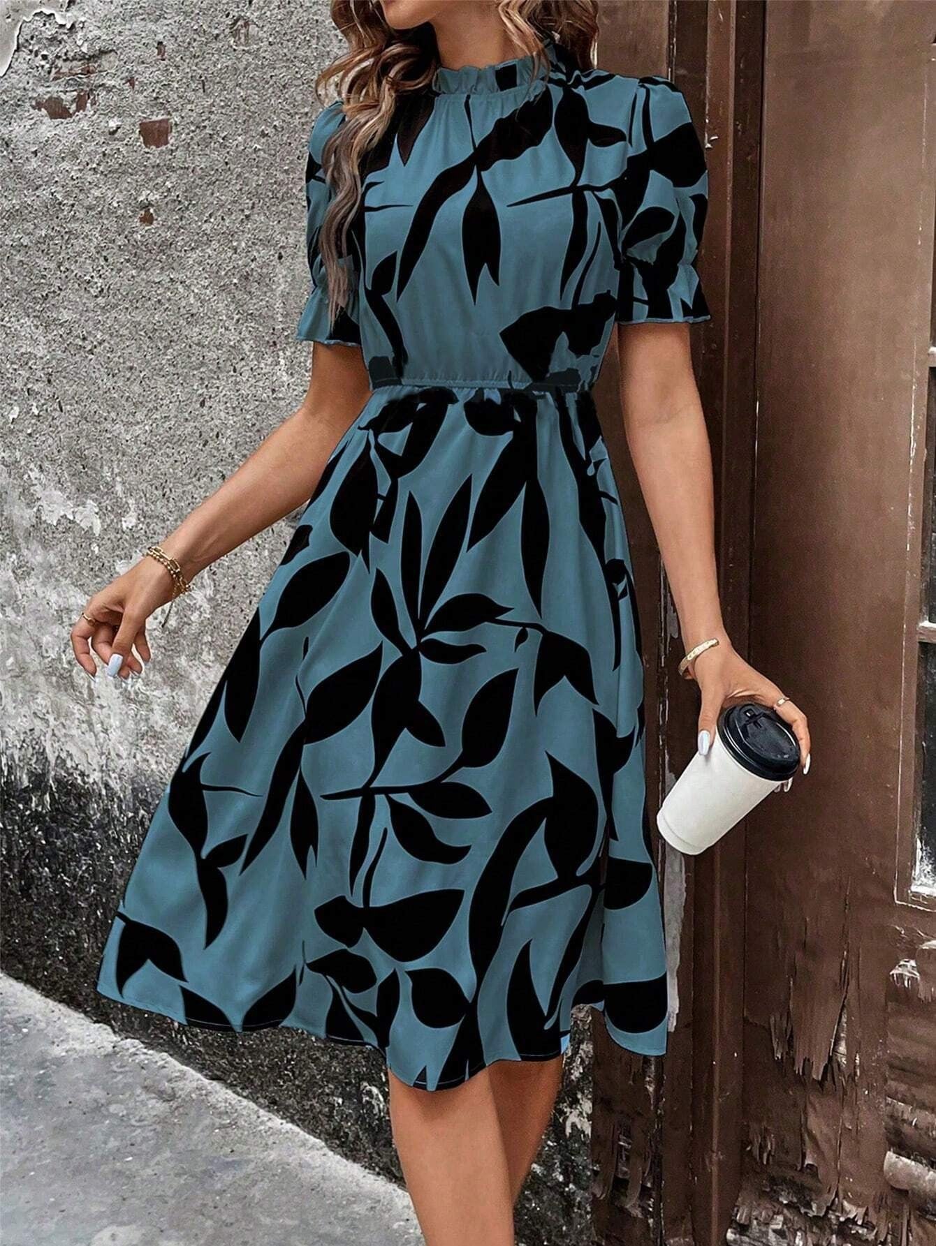 Damen Midi-Kleid Pflanzenmuster Gummizug Eveloria