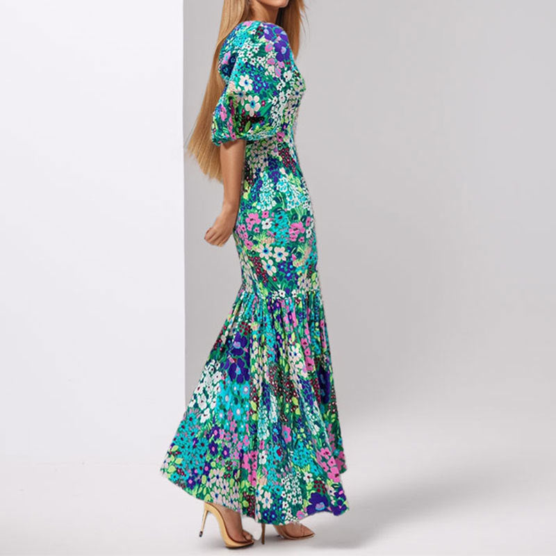 Damen Maxikleid Voluminöse Ärmel Rüschendetail Elegantes Design