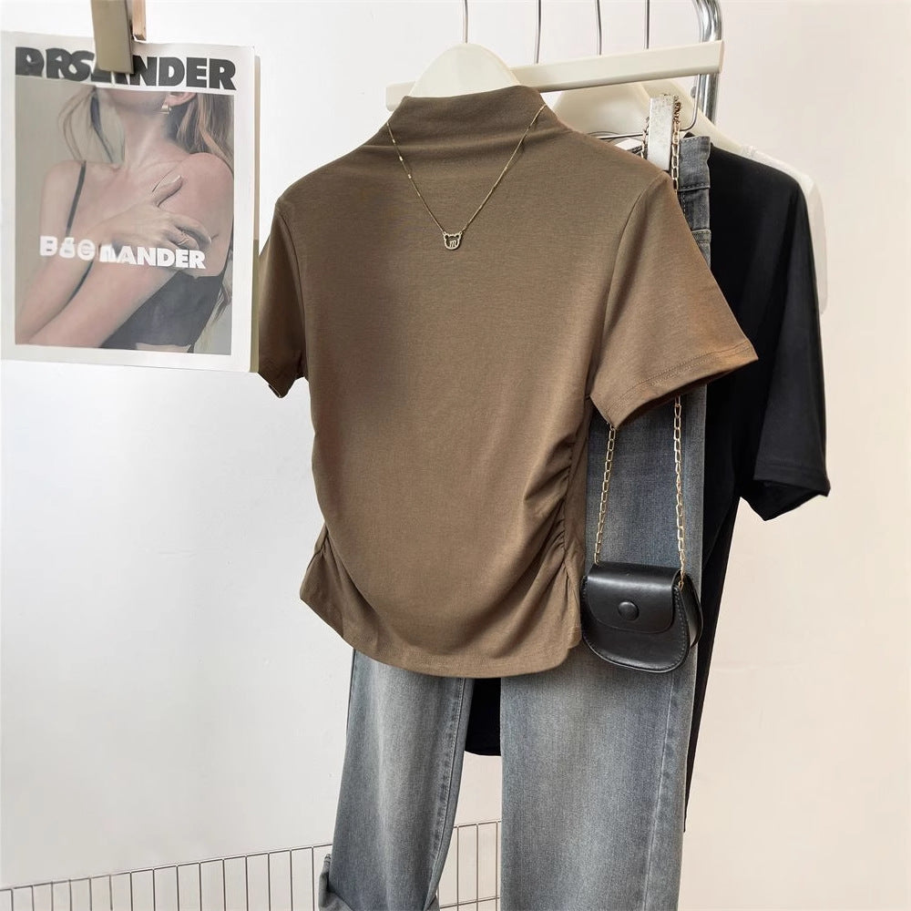 Damen T-Shirt Stehkragen Rüschendetail Figurbetont - Eveloria