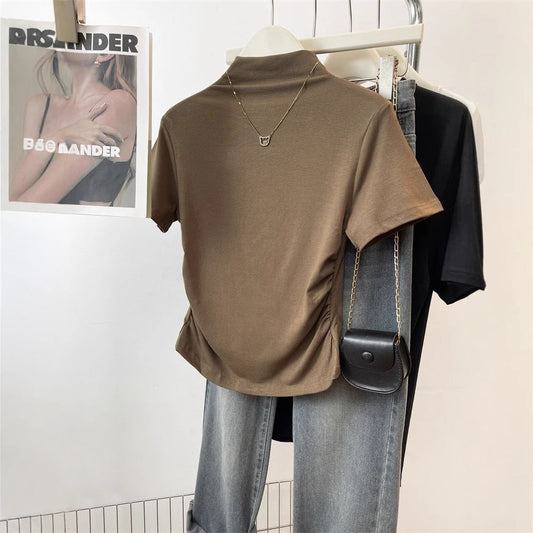 Damen T-Shirt Stehkragen Rüschendetail Figurbetont - Eveloria
