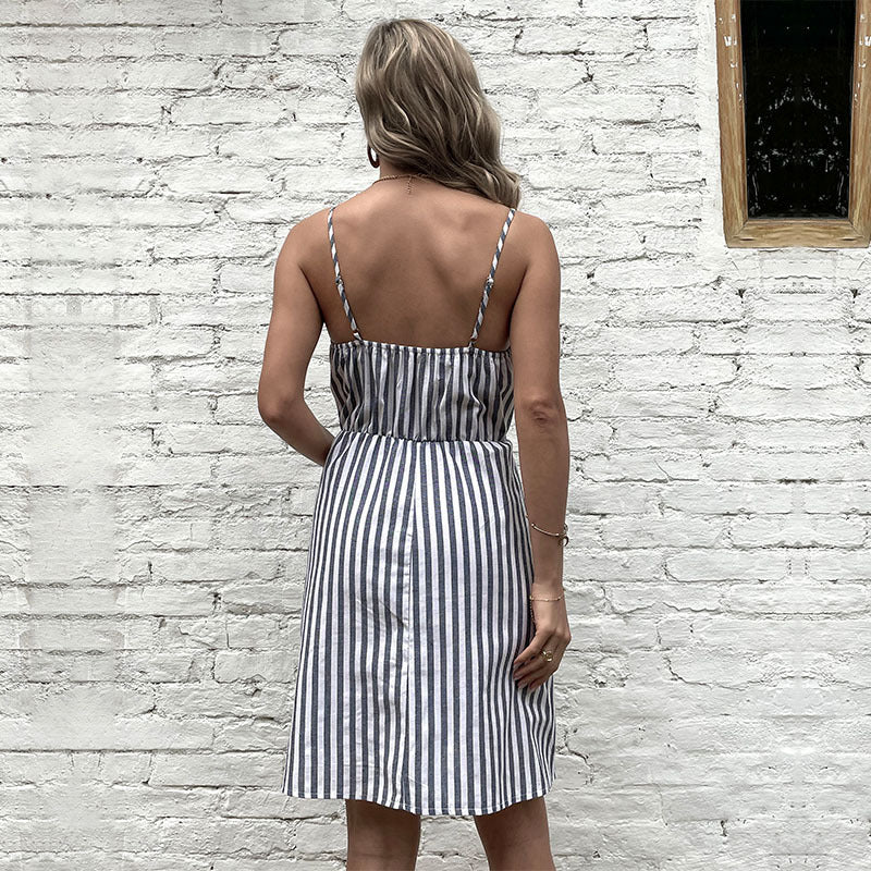 Damen Strandkleid mit Knöpfen und Taschen Blau Eveloria