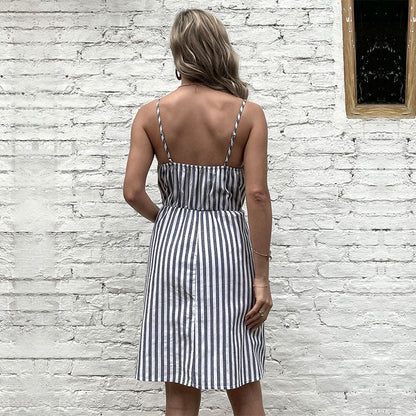 Damen Strandkleid mit Knöpfen und Taschen Blau Eveloria