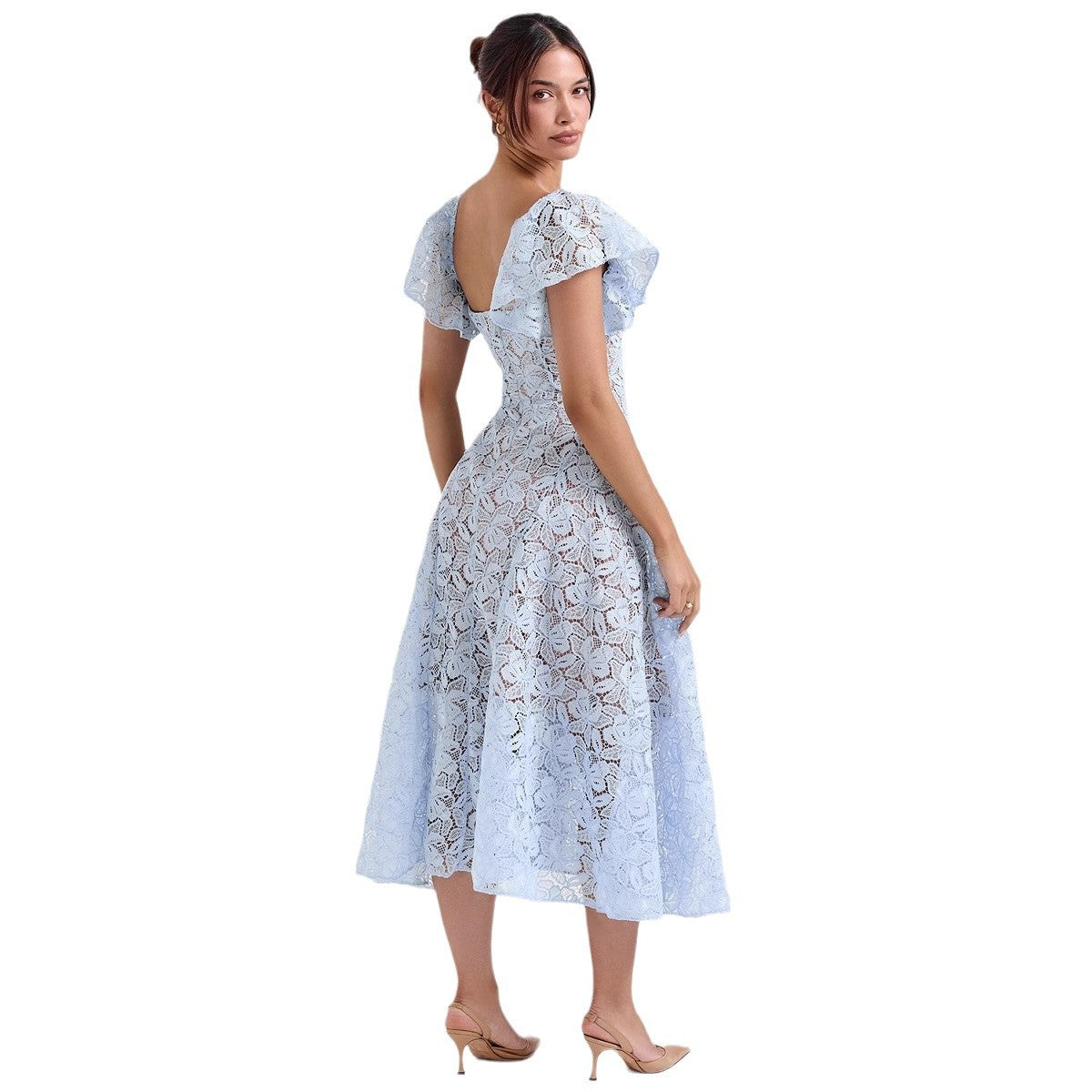 Damen Maxikleid Spitze Voluminöse Rüschen Herzförmiger Ausschnitt