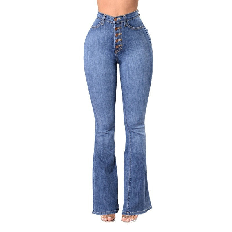 Damen Highwaist Flare Jeans Dekorative Knöpfe Eveloria