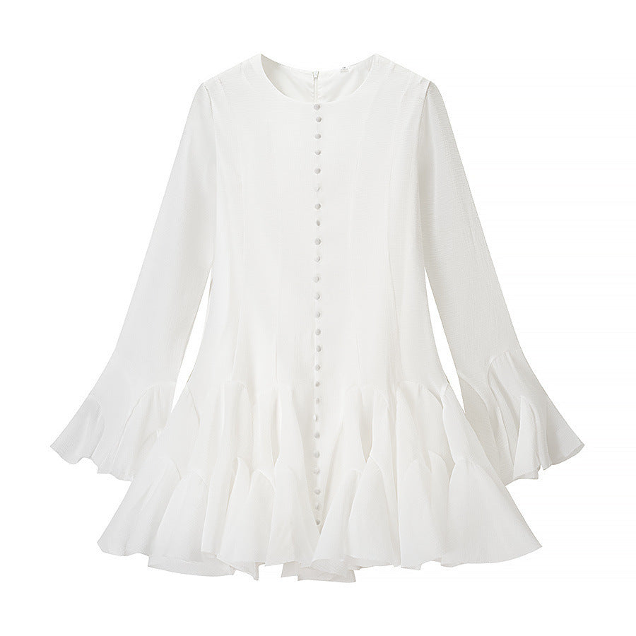 Damen Volantkleid Länge Langärmelig Knöpfe Eveloria