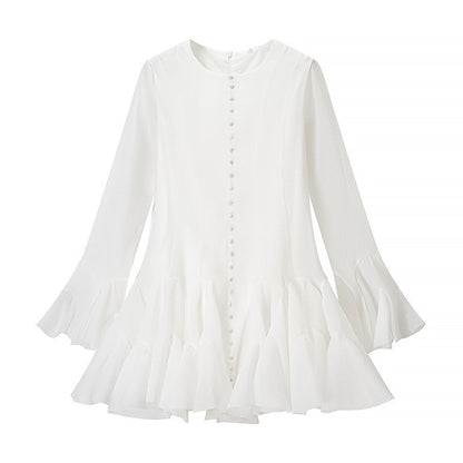 Damen Volantkleid Länge Langärmelig Knöpfe Eveloria