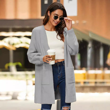 Damen Grobstrick Cardigan mit Taschen und weiten Ärmeln Beige
