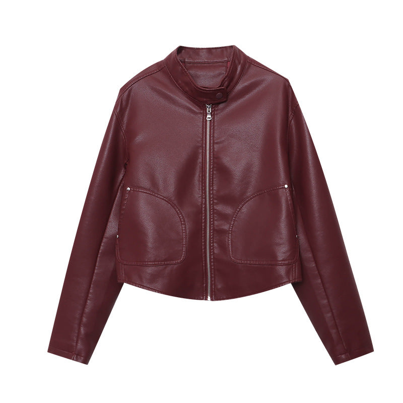 Damen Kunstlederjacke Stehkragen Taschen Eveloria