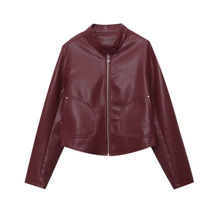Damen Kunstlederjacke Stehkragen Taschen Eveloria