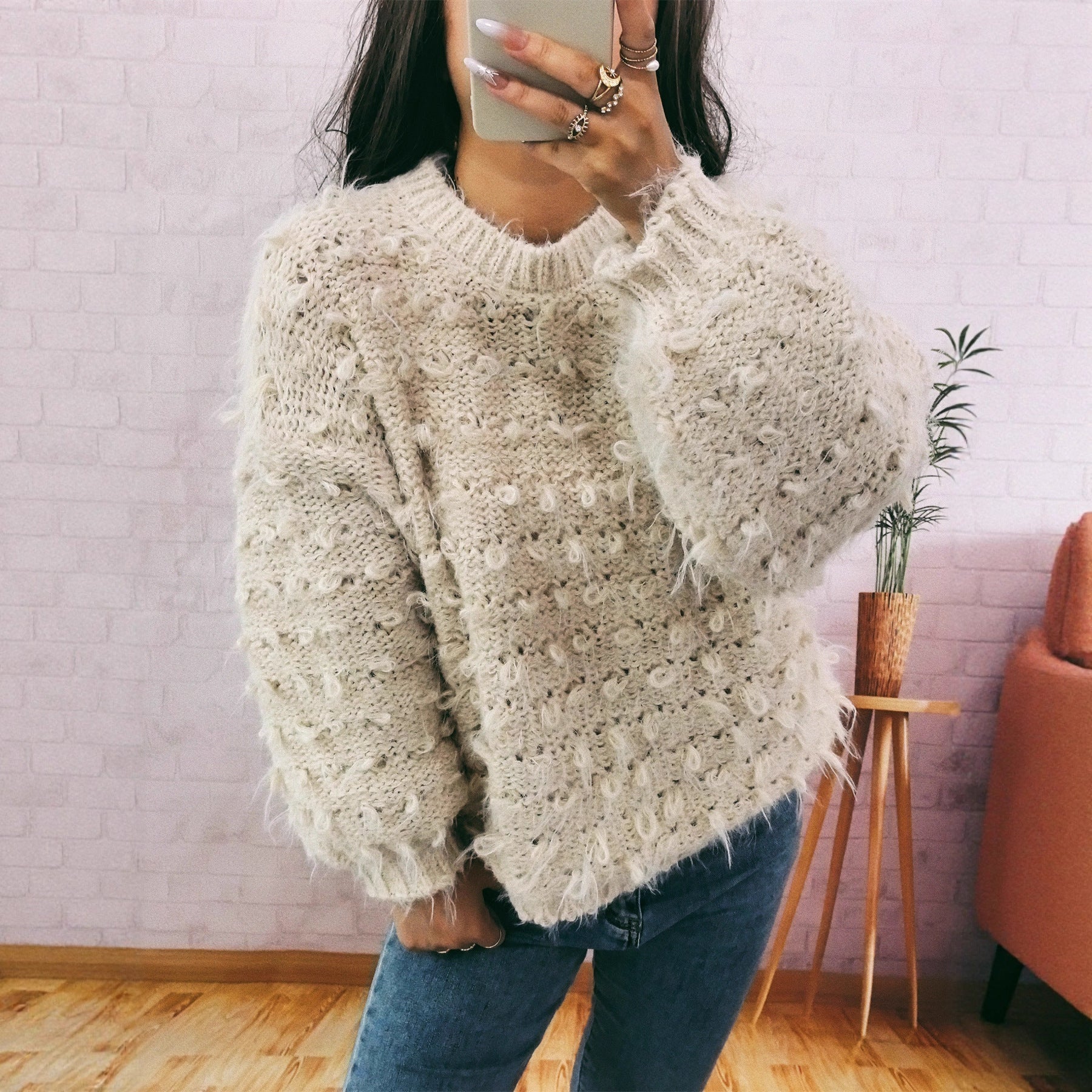 Damen Strickpullover Kuschelig Struktur Oberfläche Beige Eveloria - Eveloria