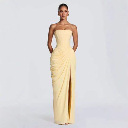 Damen Abendkleid Langarm Asymmetrisch Schlitz Eveloria