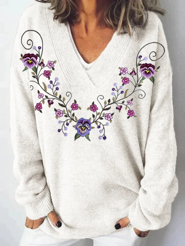 Damen Pullover V-Ausschnitt Floralmuster Lässig Eveloria