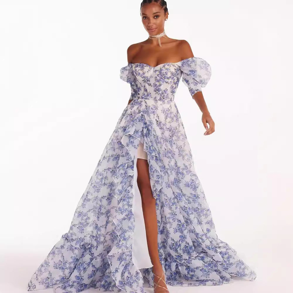 Damen Maxikleid Schulterfrei Florale Rüschendetails Eveloria