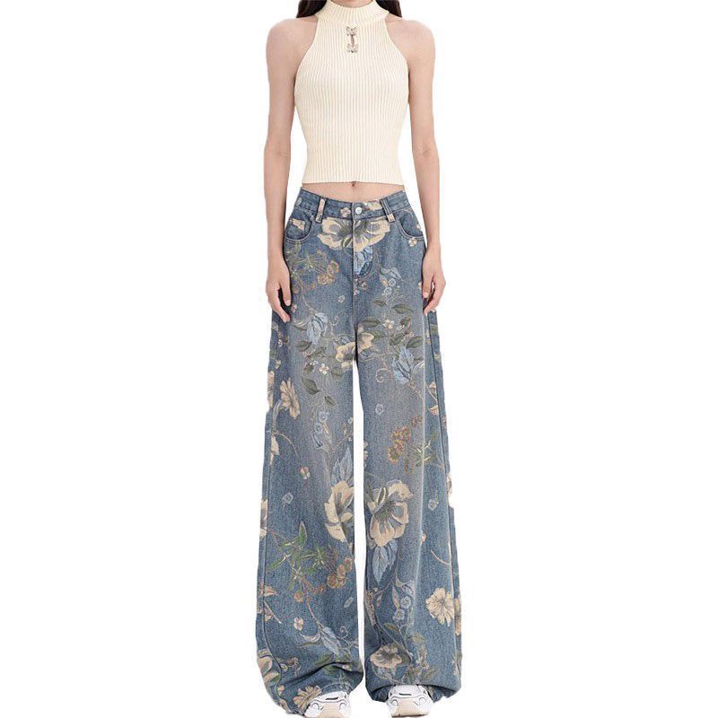 Damen Weite Jeans Floralmuster Eveloria