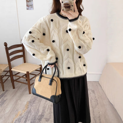Damen Oversize Pullover Grobgestrickt Lässig Zopfmuster Beige - Eveloria