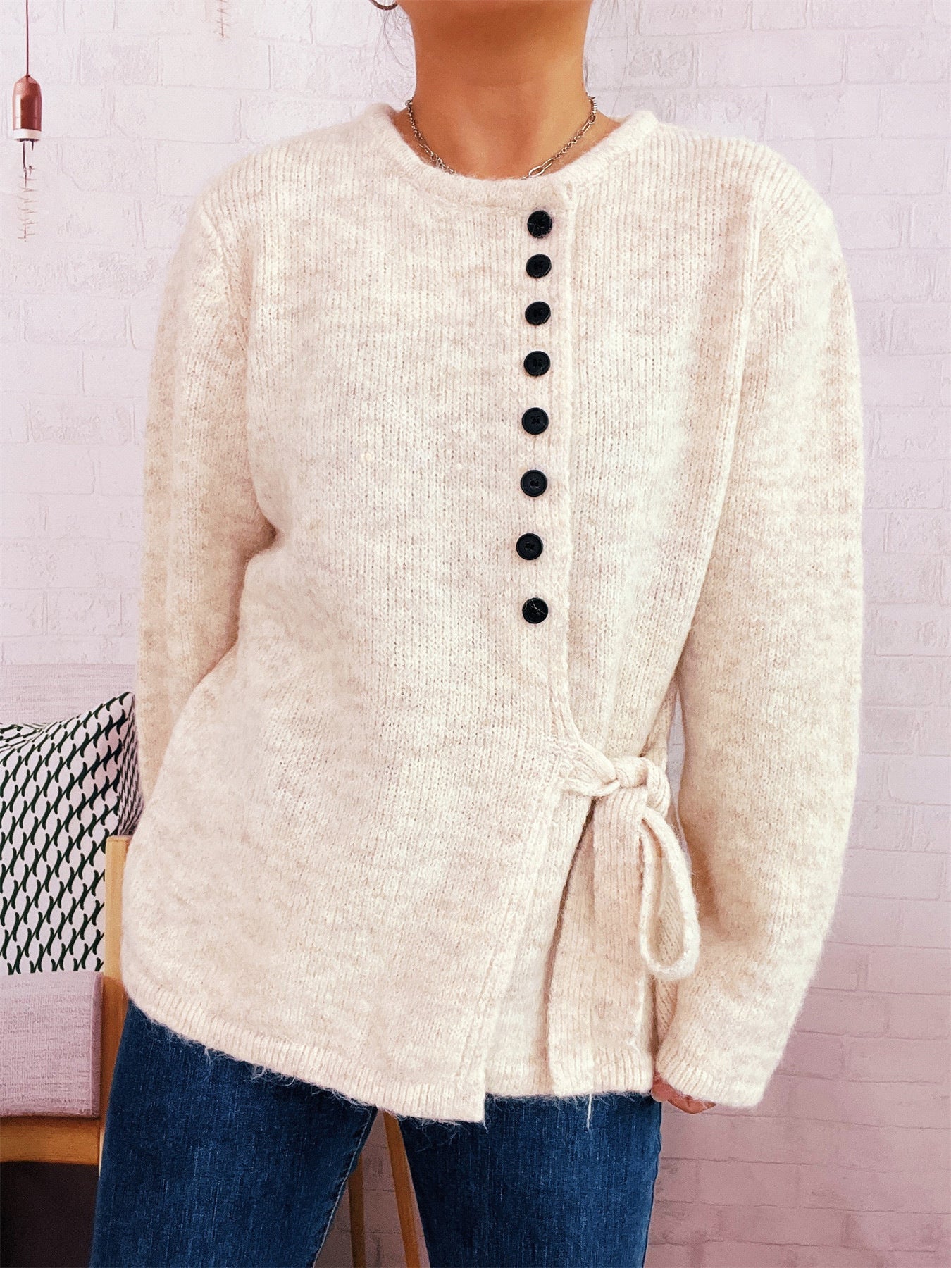 Damen Strickpullover mit Knoten und Knöpfen