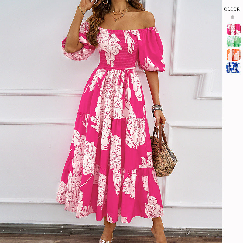 Damen Maxikleid Off-Shoulder Voluminöse Ärmel Floral-Print - Eveloria