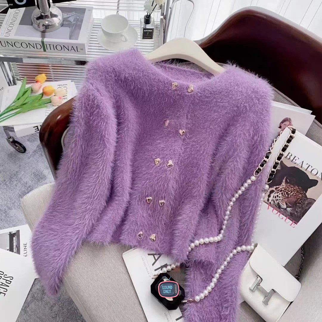 Damen Cardigan Flauschig Herzknöpfe