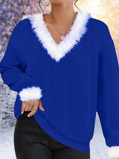 Damen Strickpullover V-Ausschnitt Kontrastpelzbesatz Eveloria
