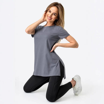 Damen Longline T-Shirt mit Schlitzen Hochwertiges Baumwoll-Material