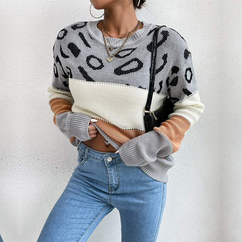 Damen Strickpullover Lässig Farbblock Animalmuster Eveloria