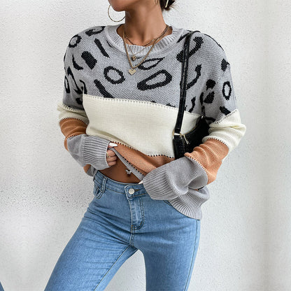 Damen Strickpullover Lässig Farbblock Animalmuster Eveloria