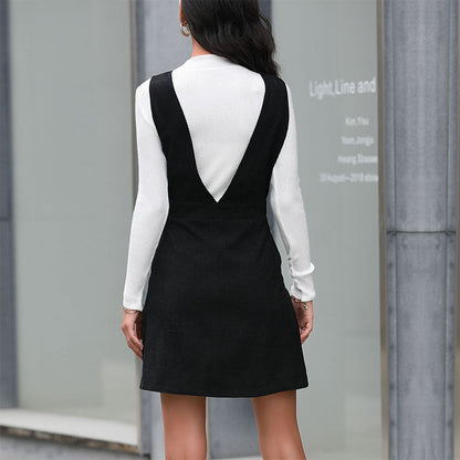 Damen Kleid V-Ausschnitt Latzdesign Knöpfe Eveloria