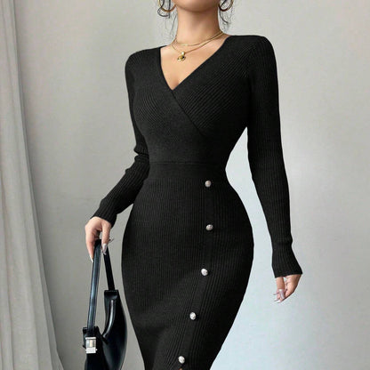 Damen Strickkleid Wickel-Design Dekorative Knöpfe Eveloria