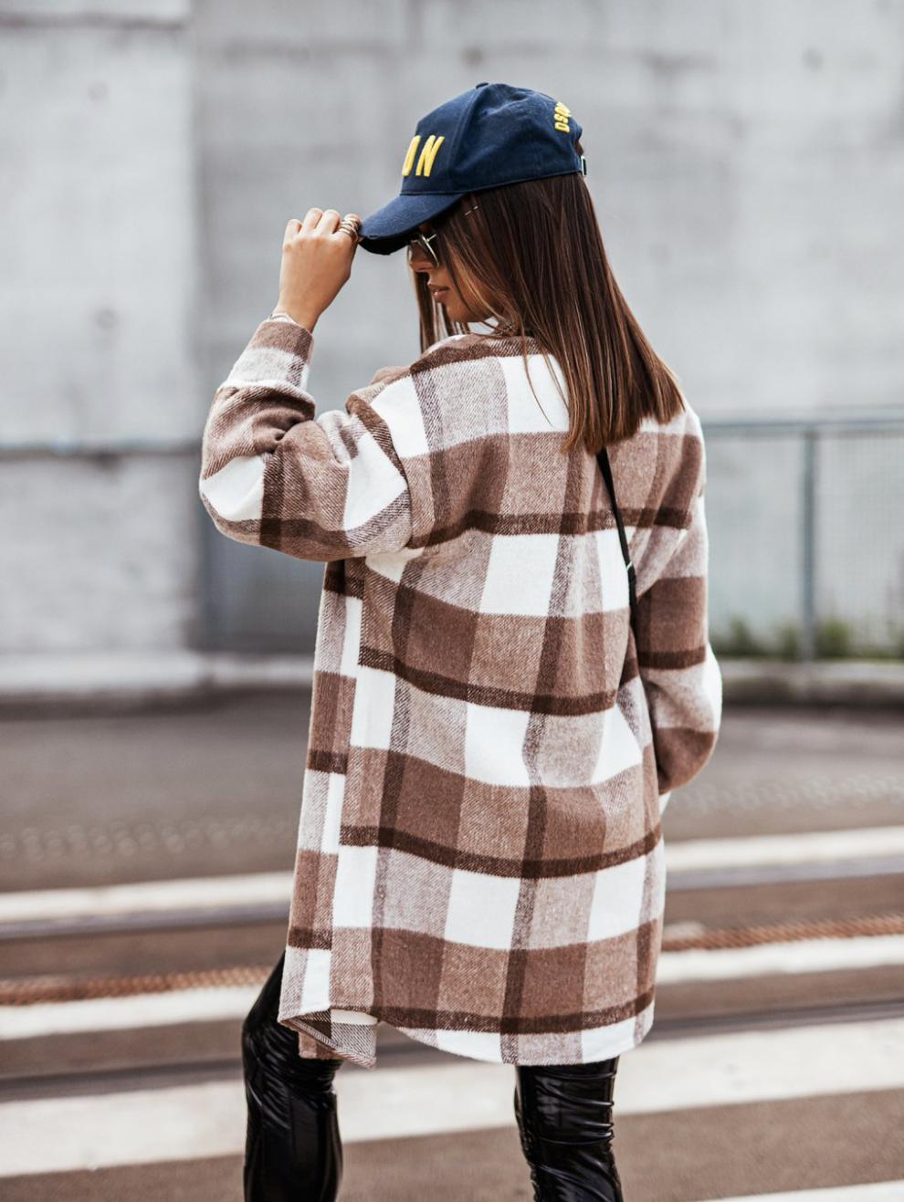 Damen Karierter Overshirt Jacke Lässig Mit Taschen Eveloria