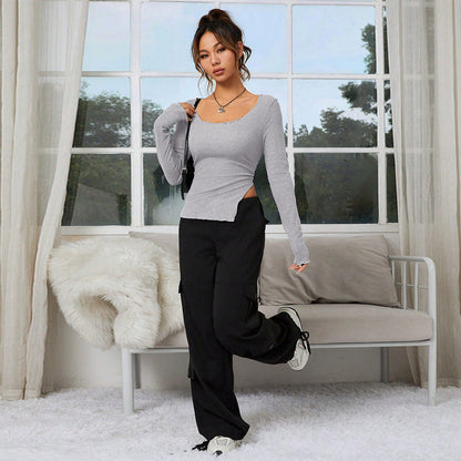 Damen Langarmshirt Asymmetrischer Saum Eleganter Ausschnitt