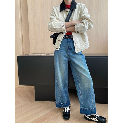 Damen Jeansjacke Lässig Kontrastkragen Große Taschen Blau Eveloria