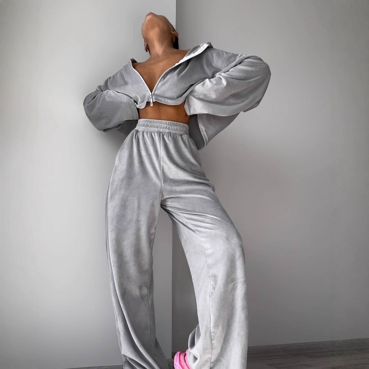 Damen Fleece-Set Hochgeschlossener Reißverschluss Weite Beine Grau - Eveloria
