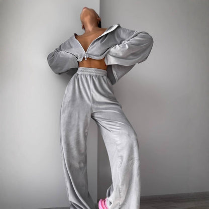 Damen Fleece-Set Hochgeschlossener Reißverschluss Weite Beine Grau - Eveloria
