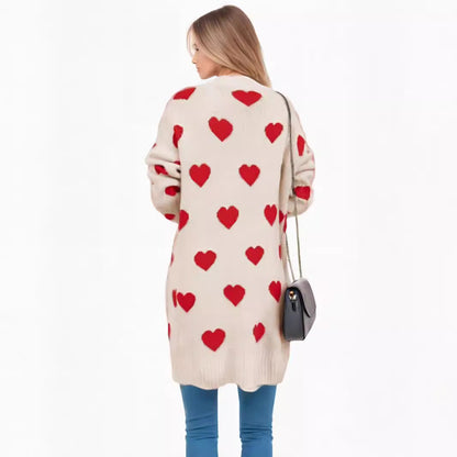 Damen Strickjacke Herzdesign Modisch Lang Eveloria