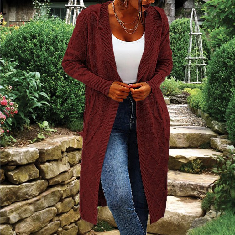 Damen Strickcardigan Lang Hochkragen Zopfmuster Beige