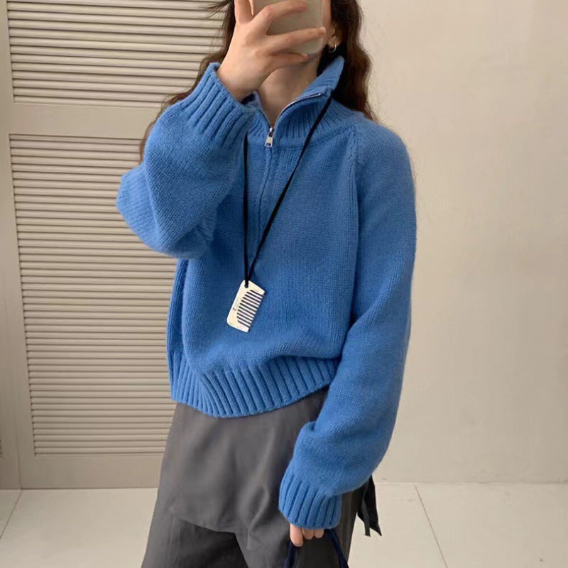 Damen Pullover Stehkragen Reißverschluss Kuschelig Gestrickt Eveloria