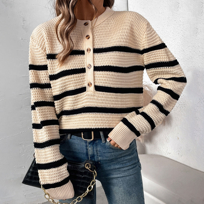 Damen Strickpullover Lässig Knopfleiste Gestreift - Eveloria